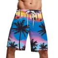 Short de bain homme à imprimé tropical coucher de soleil avec cordon de serrage blanc - M / Style Coucher de Soleil Dégradé Bleu Rose (B134-004)