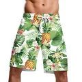 Short de bain homme avec imprimé tropical ananas et fleurs avec cordon blanc - Style Hibiscus Ananas Tropical (B134-009)