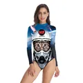 Long-sleeved one-piece swimsuit with cosmic space cat print and high-cut fit - S/M / Top And Bottom / Space Cat Style (B120-009)