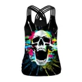 Débardeur de yoga noir pour femme avec imprimé tête de mort 3D et sangles croisées - Style de Squelette Graffiti Coloré (B104-048)