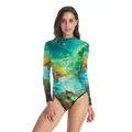 Maillot de bain une pièce à manches longues pour femmes avec imprimé galaxie nébuleuse verte - Style de Nébuleuse Verte (B120-015)