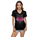 Women's black V-neck t-shirt featuring pink lotus and mandala print detail - S / Black Pink Lotus Mandala Line Style (B136-008)