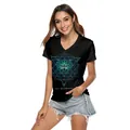 Women's black V-neck short sleeve T-shirt with blue lotus geometric print and text - S / Black Teal Gradient Geometric Lotus Style (B136-009)