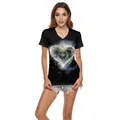 Women's black V-neck T-shirt featuring golden Buddha and lotus print in starry night style - S / Black Gold Line Buddha Zen Style (B136-010)