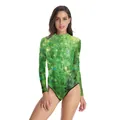 Body floral à manches longues avec imprimé champ vert et tissu élastique à col haut - Style Floral des Champs (B120-022)