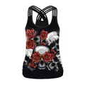 Débardeur femme noir gothique avec imprimé 3D crâne et roses rouges et bretelles croisées - Style Squelette Rose Gris Rouge (B104-060)