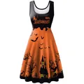 Vestido línea A sin mangas para Halloween con siluetas de castillo y murciélagos - S / Patrón de Castillo Naranja y Negro (B220-1006)