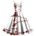 Retro Halloween A-Linie Sommerkleid mit Blutspritzer-Druck und Rosen-Taillendetail - S / Weißer Horror Blut Stil (B361-1005)