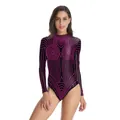 Long sleeve bodysuit featuring black fabric with hot pink geometric line digital prints - S/M / Black Pink Geometric Lines (B120-179)