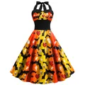 Robe licou Halloween avec imprimés crânes et chauves-souris et taille haute évasée - Bas - Style Élément Crâne Fantôme Orange (B360-1013)