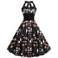 Robe licou rétro d'Halloween avec imprimé citrouille-fantôme et taille cintrée - Bas - Style Citrouille Fantôme Lune Noir (B360-1010)