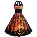 Robe licou rétro d'Halloween avec imprimés citrouilles et jupe trapèze évasée noire - Bas - Style Cimetière Effrayant Halloween Orange Noir (B360-1009)