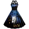 Vintage Halloween halter dress featuring spooky castle, bats, and pumpkin prints on dark blue - S / Bottom - Dark Blue Dark Castle Pumpkin Style (B360-1008)