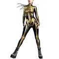 Women's Halloween bodysuit featuring metallic gold skeleton print on black spandex fabric - S / Gold Style (B251-1014)