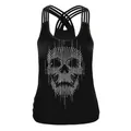 Damen Halloween Top in Schwarz mit Totenkopf-Print und überkreuzten Trägern - Punkt Totenkopf Stil (WB104-130)
