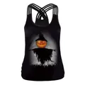 Women's black Halloween tank top with pumpkin scarecrow print and crisscross straps - S / Pumpkin Scarecrow Style (WB104-131)