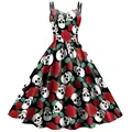 Gothic jurk met spaghettibandjes en schedel- en rozenprint voor Halloween-feesten - XL / Skelet Roos Print (B361-1008)