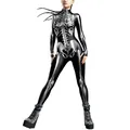 Women Halloween bodysuit featuring a digital silver skeleton print on black fabric - S / Silver Style (B251-1013)