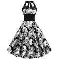 Gothic Halloween halter dress featuring white skull and floral print on black fabric - S / Bottom - Black and White Skull Floral Print Style (B360-1004)