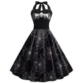 Retro Halloween high waist swing dress in black featuring skull and spider web prints - S / Bottom - Black Halloween Spider Web Style (B360-1005)