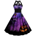 Purple Halloween vintage halter dress featuring pumpkin and spider web prints - S / Bottom - Purple Pumpkin Castle Print Style (B360-1007)