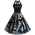 Robe licou vintage d'Halloween avec imprimés de lune et de sorcière sur fond noir - Bas - Style Sorcière Chauve-Souris Bois Mort Noir (B360-1014)