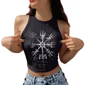 Top corto nero senza maniche da donna con stampa grafica bianca di bussola vichinga - XL / Stampa Rune Vichinghe Nordiche (GA123-1067)