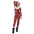 Women Christmas snowflake print bodysuit with faux fur trim and black buckled belt - S / Women's Christmas Snowflake Style (B142-471)