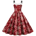 Vintage Christmas swing dress with red snowflake print and white faux fur trim - S / Red Fur Collar Snowflake Style (B361-1023)