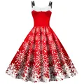 Red Christmas dress with white snowflakes, faux fur neckline, and thin straps - S / Bright Red Snowflake Style (B361-1020)