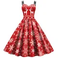 Red Christmas dress with white snowflake and reindeer prints on a flared A-line silhouette - S / Bright Red Reindeer Style (B361-1021)