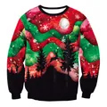 Kersttrui met rood-groene golfpatronen, zwarte rendieren en winterse dennenbomen - S / Rood Groen Bos Maannacht Volledige Print(SWYS134)