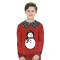Kids Christmas red sweatshirt set with snowman print and green plaid collar detail - XS(110CM) / Red Snowman Top (T103-037)