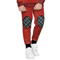 Kids red Christmas joggers with festive green plaid patches and ribbed cuffs - XS(110CM) / Red Plaid Patch Pants (T102-042)