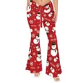 Pantalones de campana rojos navideños para mujer con estampado de muñeco de nieve - S / Rojo Feliz Navidad (GA353-1003)