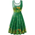 Mouwloze St. Patrick's Day A-lijn jurk met groene klavers en gele bloemenprint - S / Groene Klaver Bloemenprint (B220-1013)