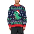 Pull de Noël bleu marine pour homme avec motif dinosaure et bordures rouges - S / Design de Dinosaure (SWYS142)
