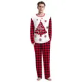 Men's Christmas pajamas set featuring red buffalo plaid pants and holiday tree print - M / Red Black Plaid Patch Men (B240-1024)