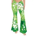 Women's St. Patrick's Day green flared trousers with white shamrock print and waist tie - S / Bottoms / Green Watercolor Shamrock Style (GA353-1013)