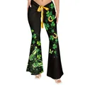 Women's St. Patrick's Day flared pants with green shamrock print and yellow ribbon waist - S / Bottoms / Black Horseshoe Butterfly Style (GA353-1014)