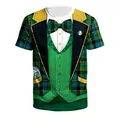 St. Patrick's Day 3D suit print t-shirt featuring green vest and plaid bowtie graphic - S / Fake Tuxedo Plaid Style (B129-9313)