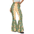 Women's St. Patrick's Day high-waisted flare pants with green clover digital print - S / Beige Shamrock Print Style (B286-007)