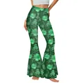 St. Patrick's Day flare pants featuring green shamrock prints and high-waisted cut - S / Dark Green Star Shamrock Style (B286-008)