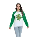 Women's St. Patrick's Day raglan long sleeve tee with green sleeves and clover print - S / Tops / Orange Festive Font (H002-23A0040 Green)