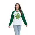 Women's St. Patrick's Day raglan shirt with green sleeves and clover print detail - S / Tops / Orange Festive Font (H002-23A0040 Dark Green)