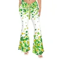 Women's St. Patrick's Day white flare pants with green clover print and waist tie - S / Bottoms / White Shamrock Style (GA353-1011)