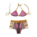 Bikini halter de satén rosa con braga de talle alto con estampado étnico y oro - XL / Rosa