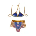 Bikini de dos piezas con estampado Dashiki azul real y detalles de tiras doradas laterales - S / Azul