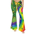 Women's St. Patrick's Day flared trousers with green clover and rainbow prints - Asymmetric Rainbow Shamrock Style (GA353-1017)