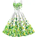 Retro St. Patrick's Day A-line dress with green shamrock print and sweetheart neckline - S / White Clover Pattern (B361-1034)